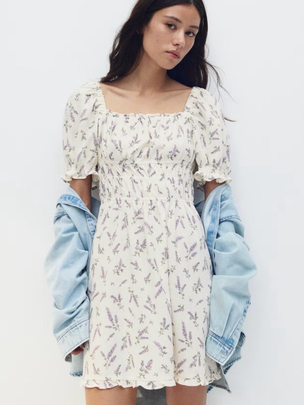 H&M Cream Mini Dress with Lavender Floral Print Small